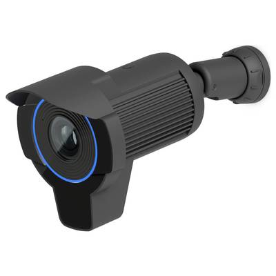 Zwarte kogelvormige beveiligingscamera met beschermende kap en blauw omrande lens, weergegeven in zijzicht op witte achtergrond.
