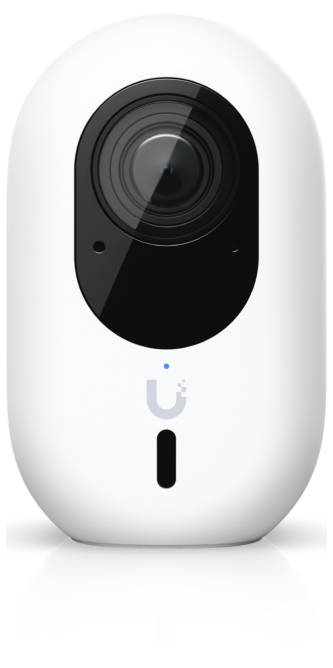 Witte ovale beveiligingscamera met een zwarte lens en Ubiquiti-logo op de voorkant.