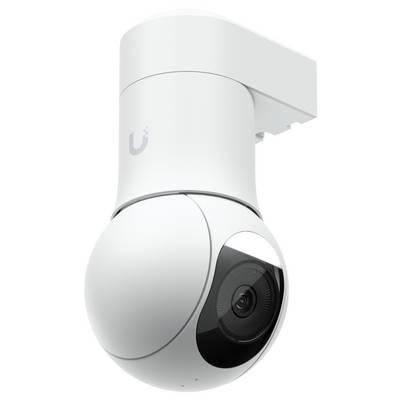 Witte koepel beveiligingscamera gemonteerd op een plafondbeugel, met zichtbare lens en roterende bolvormige behuizing.