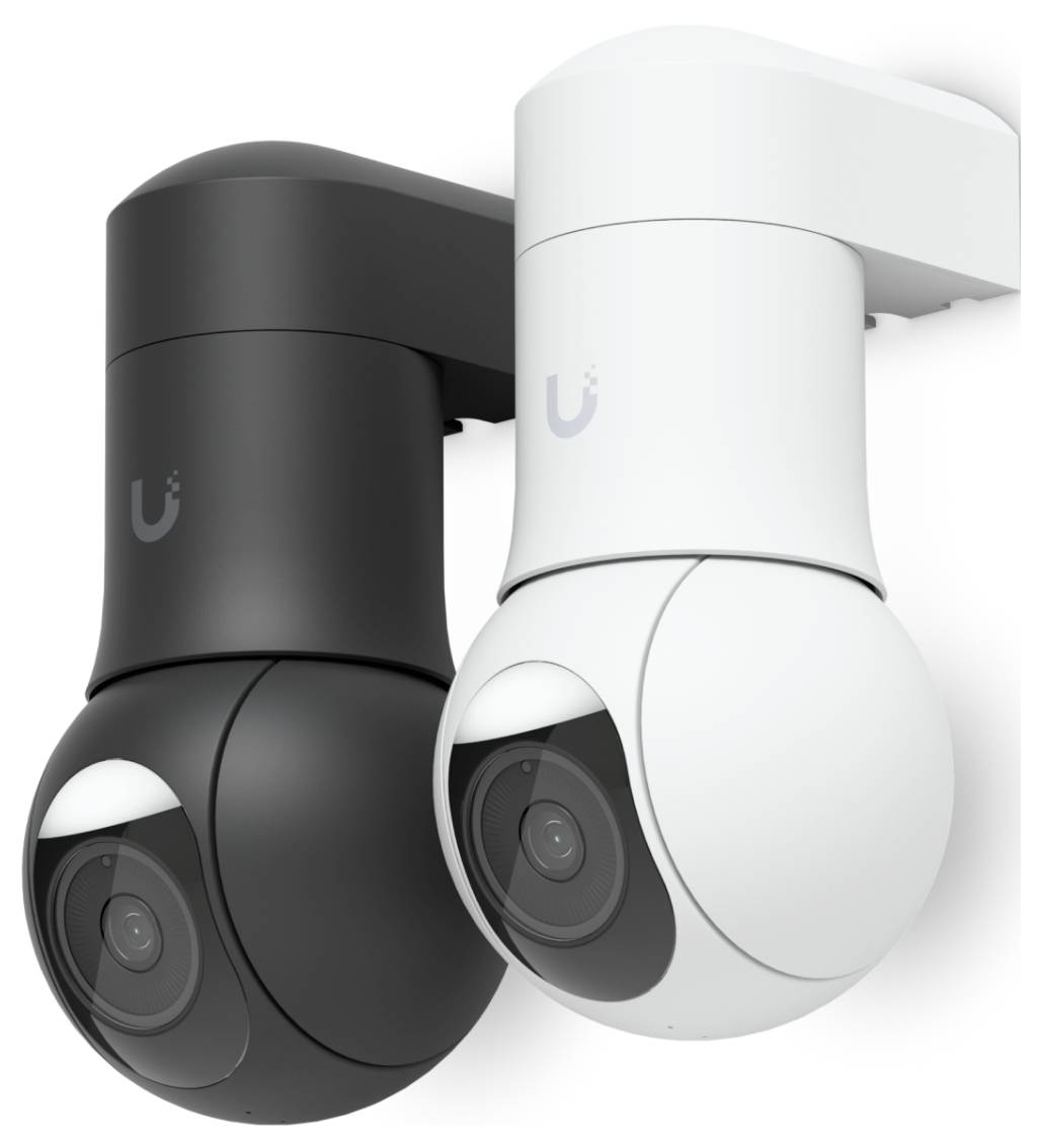 Twee compacte indoor beveiligingscamera's, één zwart en één wit, met draaibare koepellenzen naast elkaar gemonteerd.