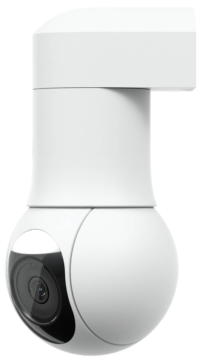 Witte gemotoriseerde beveiligingscamera met een roterende koepel en zichtbare lens aan de linkerkant.