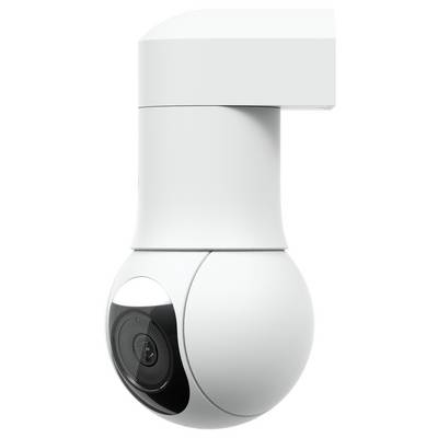 Witte gemotoriseerde beveiligingscamera met een roterende koepel en zichtbare lens aan de linkerkant.