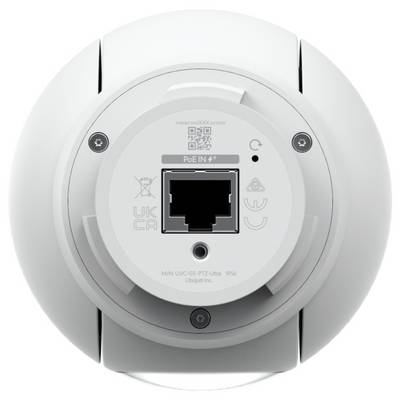 Achteraanzicht van een witte netwerkcamera of toegangspunt met Ethernet 'PoE IN'-poort, QR-code en montagebasis.