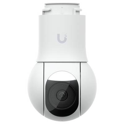 Witte Ubiquiti beveiligingscamera met een roterende koepel en centraal objectief, weergegeven in vooraanzicht op een effen achtergrond.