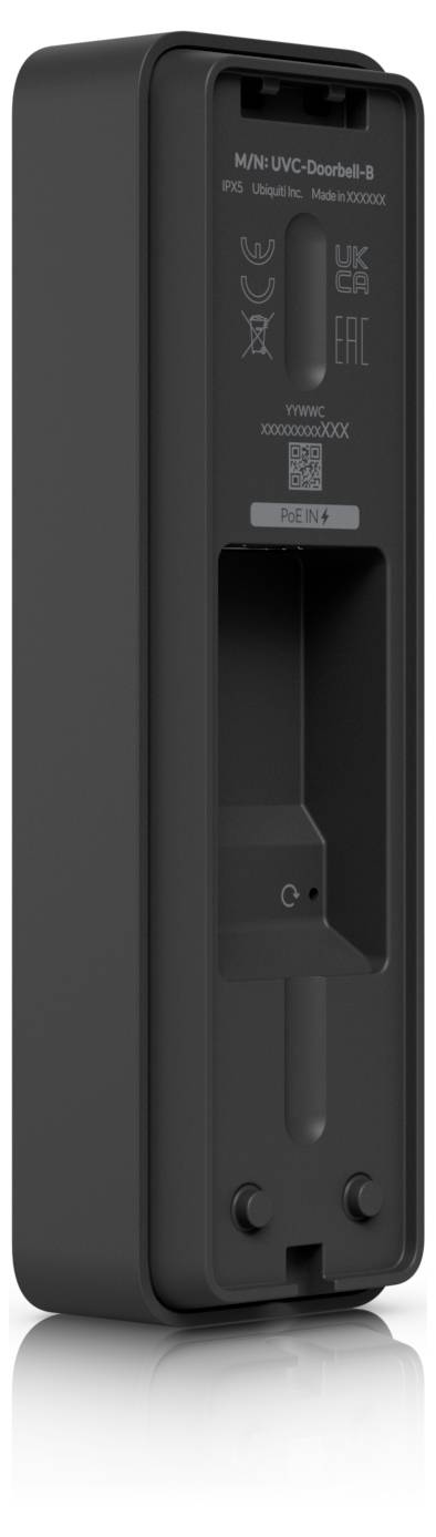 Achteraanzicht van een zwart handheld elektronisch apparaat met een ingezonken oplaaddock, afgedrukte veiligheidsmerkingen en twee schroefgaten aan de onderkant.