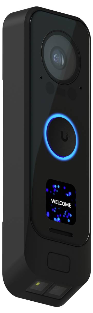 Slimme zwarte videodeurbel camera met een gloeiende blauwe ring, klein display waarop 'WELKOM' staat, en een statuslampje op de basis.