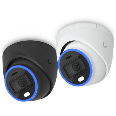 Twee compacte beveiligingscamera's, één zwart en één wit, weergegeven in een hoekige frontale weergave met blauwe verlichte lensringen.