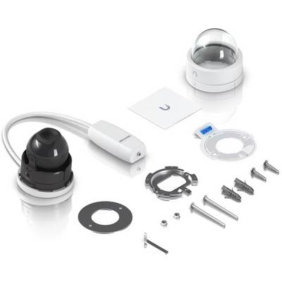 Uitgebreide weergave van een plafondcamerabeveiligingspakket met koepelvormige cameraeenheden, montagebeugels, kabels, schroeven en installatieaccessoires op een witte achtergrond.