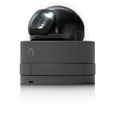 Een zwarte dome-beveiligingscamera met een zichtbare lens staat op een rechthoekige voet tegen een witte achtergrond.