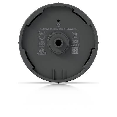 Onderkant van een Ubiquiti UniFi UVC-G5-Dome-Ultra-B camerabeugel met centrale kabelopening en regelgevingsmarkeringen.
