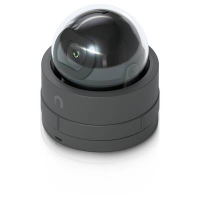 Donkergrijze koepelcamera op een cilindrisch voetje, onder een hoek bekeken tegen een witte achtergrond.
