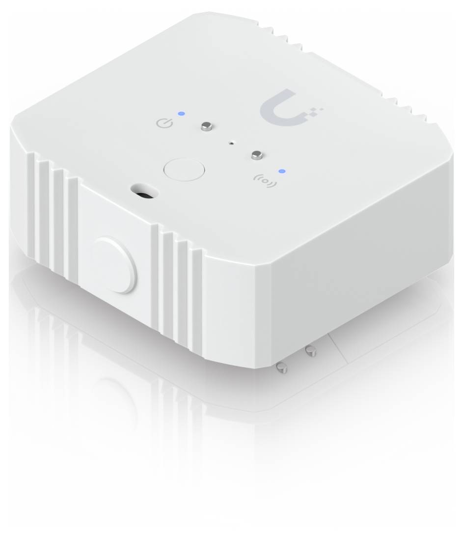 Wit vierkant draadloos slim sensor of hub met LED-indicatoren en kleine poorten, weergegeven in een productstijlweergave op een witte achtergrond.