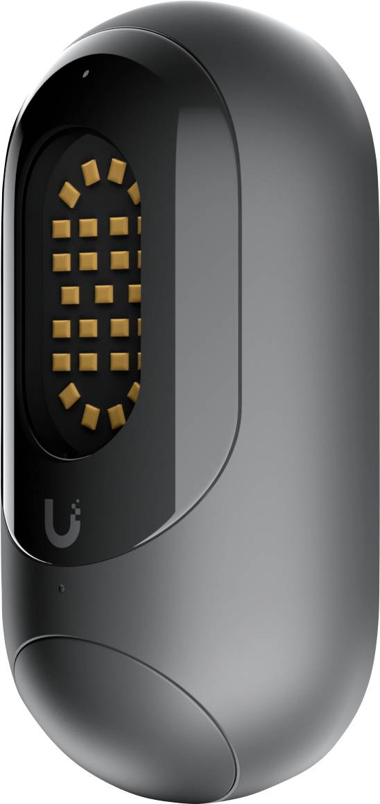 Een slanke grijze, afgeronde elektronische apparaat met een zwart frontpaneel en gouden contactpennen, geïsoleerd op een witte achtergrond weergegeven.