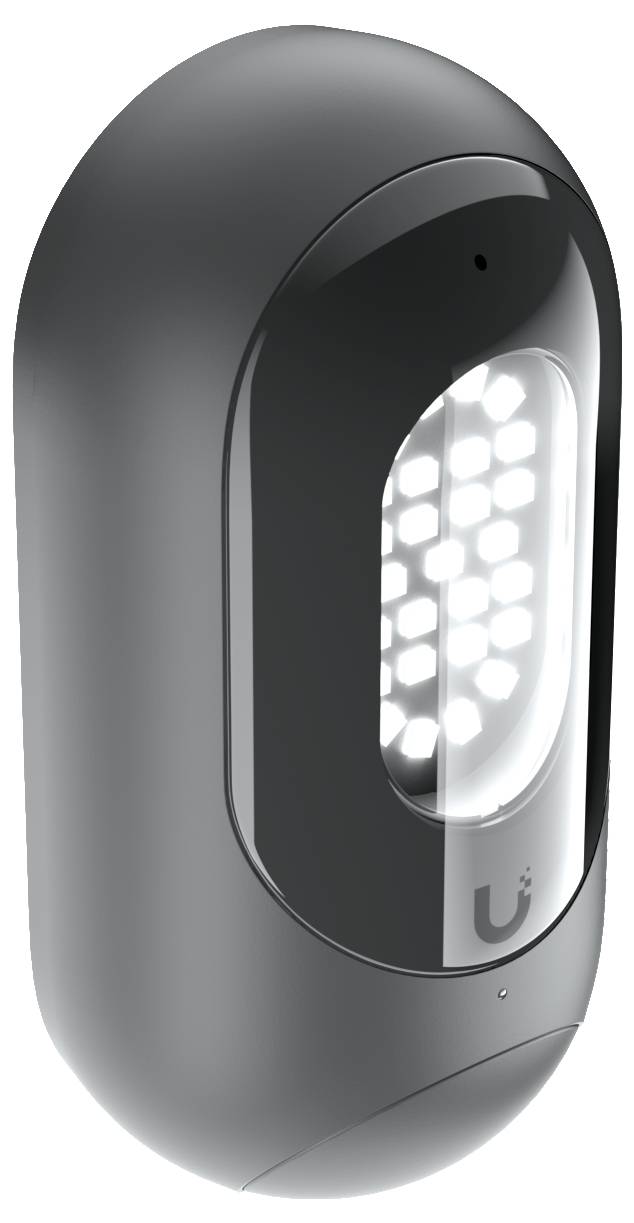 Aan de muur gemonteerd grijs Ubiquiti-toegangspunt met een gloeiend LED-paneel aan de voorkant