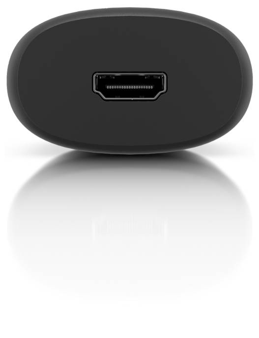 Close-up van een zwart elektronisch apparaat met een centraal geplaatste HDMI-poort op het voorkant, weergegeven tegen een witte achtergrond.