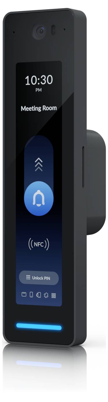 Aan de muur gemonteerde toegangscontrolelezers met scherm dat 22:30 uur, Vergaderruimte, NFC en Ontgrendelings-PIN toont; blauwe lichtbalk onderaan.