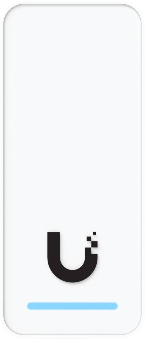Wit smartphonescherm met een zwart U-vormig logo in de buurt van de onderkant en een cyaan voortgangsbalk eronder.