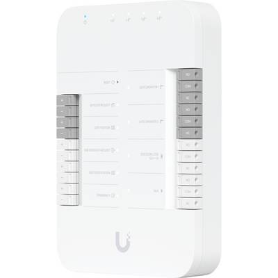 Wit aan de muur gemonteerd slimhuisbesturingspaneel met aanraakschuifregelaars en gelabelde knoppen voor verlichting, temperatuur en beveiliging.