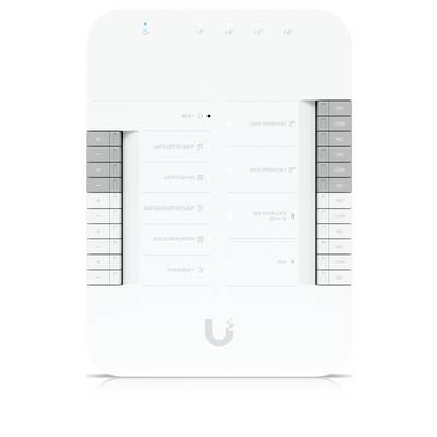 Wit wandgemonteerd intercom-/toegangscontrolepaneel met gelabelde aansluitklemmen en status-LED's, inclusief reset-, poort-, zijdeur-, nood- en aanvullende functies.