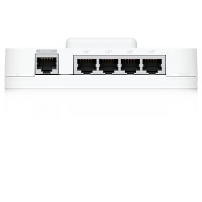 Vooraanzicht van een netwerkapparaat met één PoE IN Ethernet-poort en vier genummerde Ethernet-poorten op een witte behuizing.