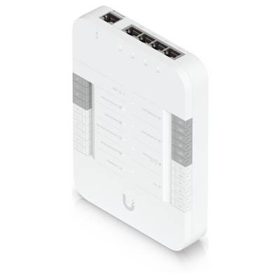 Witte Ubiquiti netwerkswitch met meerdere Ethernetpoorten, weergegeven in schuine productweergave met voorzijde statuslampjes en zijkantaansluitingindicatoren.