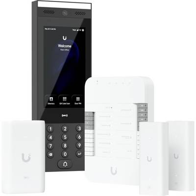 Een set Ubiquiti-apparaten voor toegangscontrole, inclusief een touchscreen-invoerpaneel, deurkoppelingshub en draadloze sensoren, getoond op een witte achtergrond.