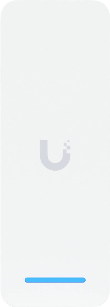 Een leeg wit smartphonescherm met een zwak gecentreerd 'U'-logo en een blauwe laadbar nabij de onderkant.