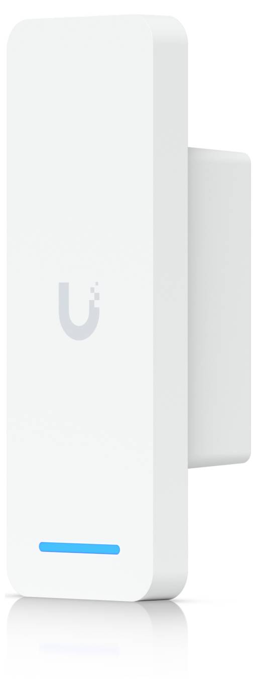 Witte rechthoekige Wi-Fi versterker of router met een blauw statuslampje, weergegeven in een eenvoudige productweergave.