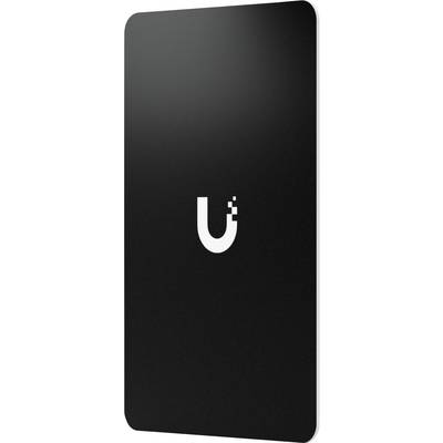Zwart rechthoekig apparaat of kaart met een wit gestileerd 'U'-logo in het midden.
