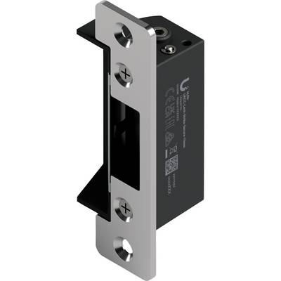 Een zwart-zilveren elektrische deurgsla met een metalen frontplaat, bevestigingsschroeven en fabrikantmarkeringen, weergegeven op een witte achtergrond.