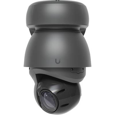 Zwarte koepelvormige beveiligingscamera met grote behuizing en zichtbare lens, weergegeven in vooraanzicht op een witte achtergrond.