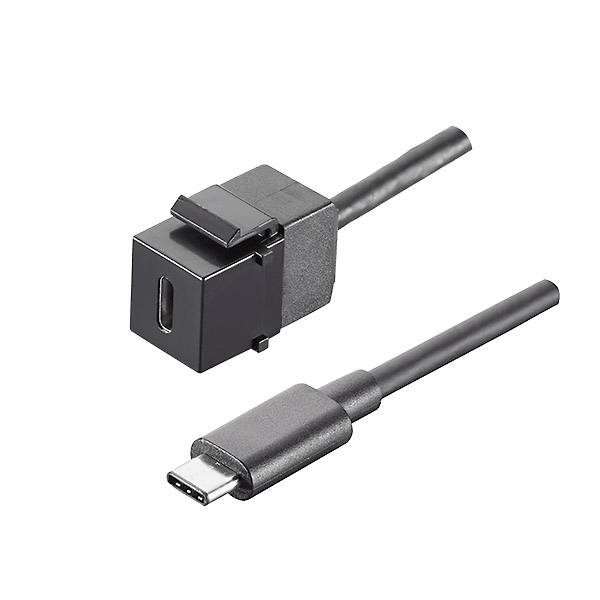 USB-C-kabel met een zwarte magnetische connector afgebeeld los van het USB-C-stekkeruiteinde op een witte achtergrond.