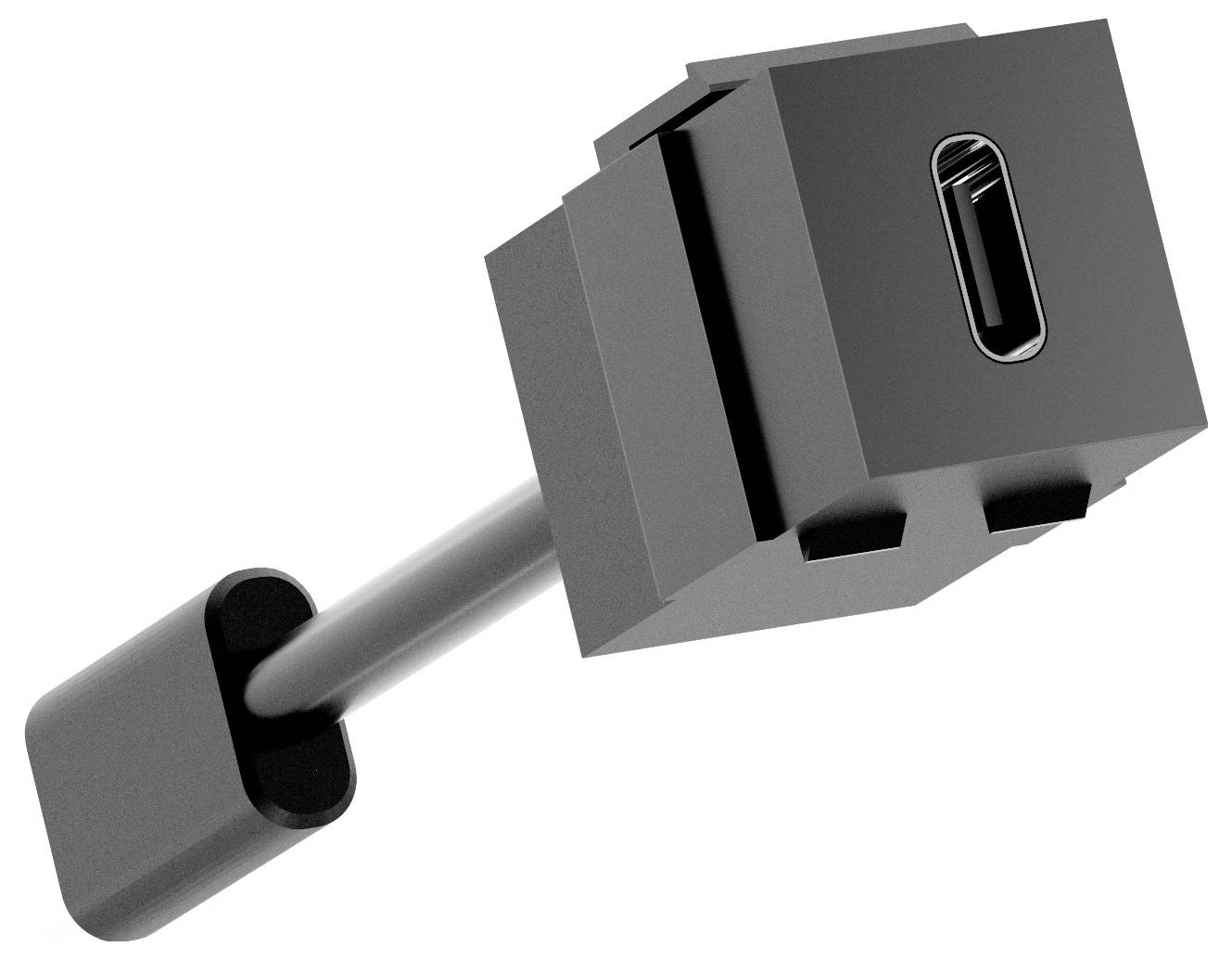 Close-up van een USB-C kabelconnector met een zwarte stekker en grijze kabel op een witte achtergrond.