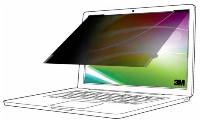 Laptop met een privacy-schermfilter bevestigd, die het scherm donkerder maakt wanneer je van opzij kijkt.
