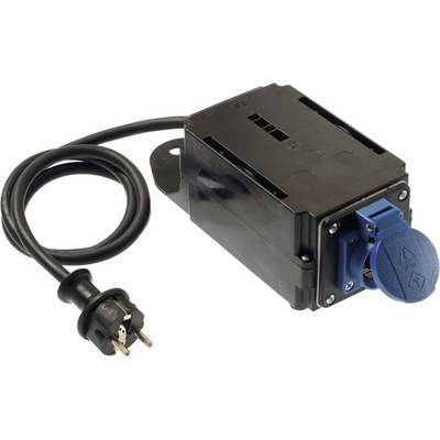 Draagbare zwarte elektrische stroomeenheid met aangesloten snoer en stekker, met een blauw industrieel stopcontact aan de voorkant.
