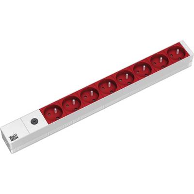 Witte stekkerdoos met acht rode elektrische stopcontacten en een zwarte aan/uit-schakelaar.