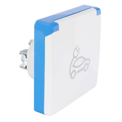 Witte aan de muur gemonteerde elektrische voertuigoplaadstekker met blauwe rand en EV-stekerickoon, weergegeven in een productstijl close-up op een witte achtergrond.