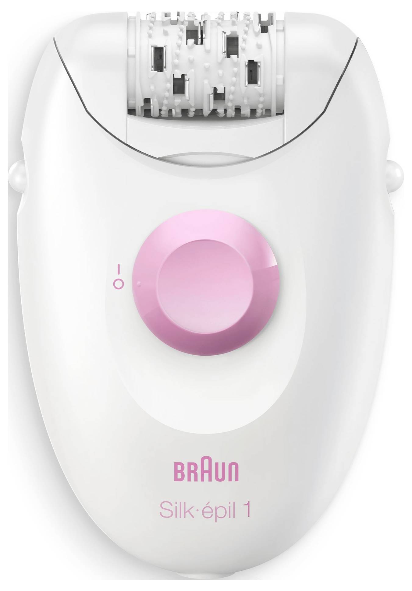 Witte Braun Silk-épil 1 epilator met roze vermogensdraaiknop en pincetopzetkop getoond in frontaanzicht op een effen achtergrond.