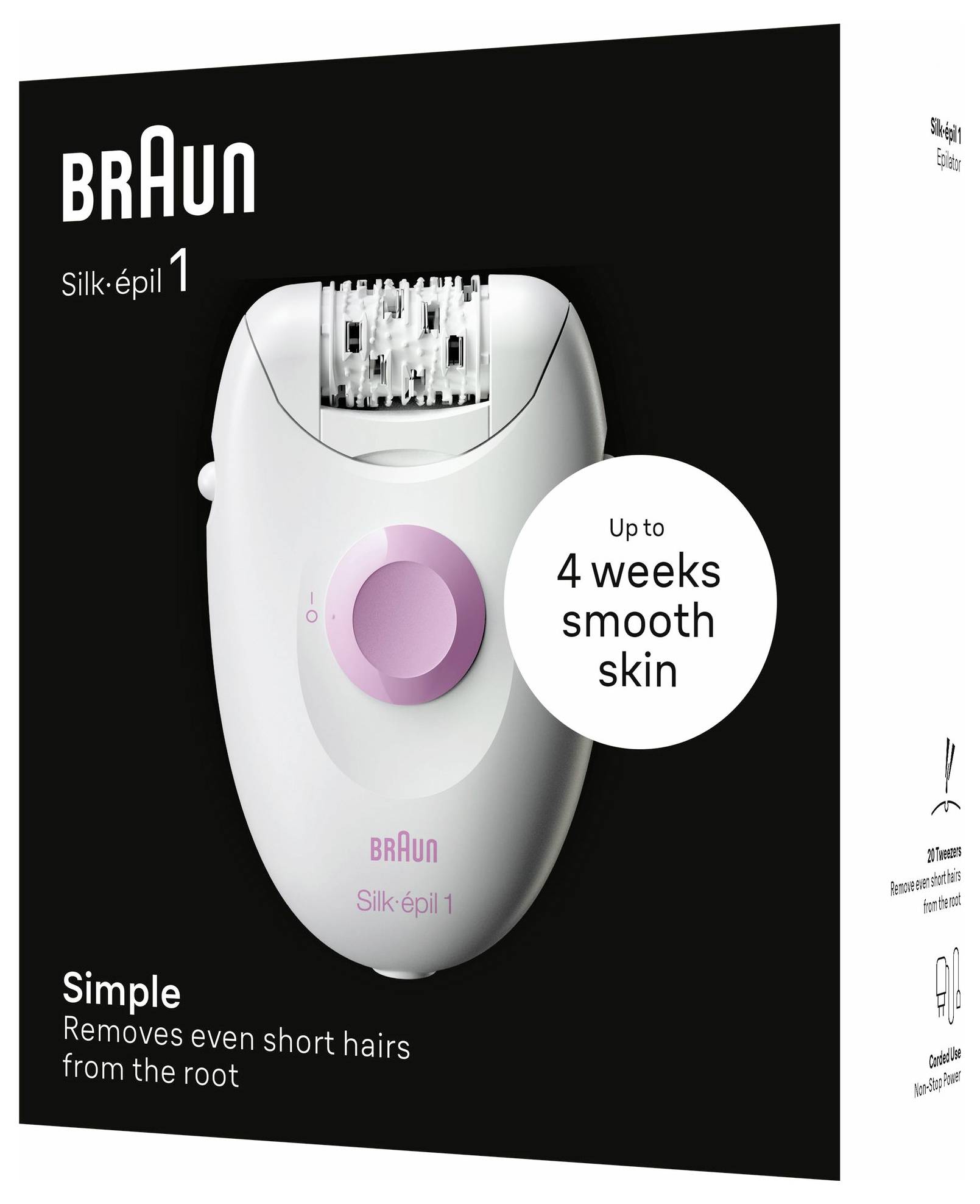 Braun Silk-épil 1 epilator-verpakking met apparaat en claim 'Tot 4 weken gladde huid'; 'Verwijdert eenvoudig zelfs korte haartjes vanaf de wortel'.