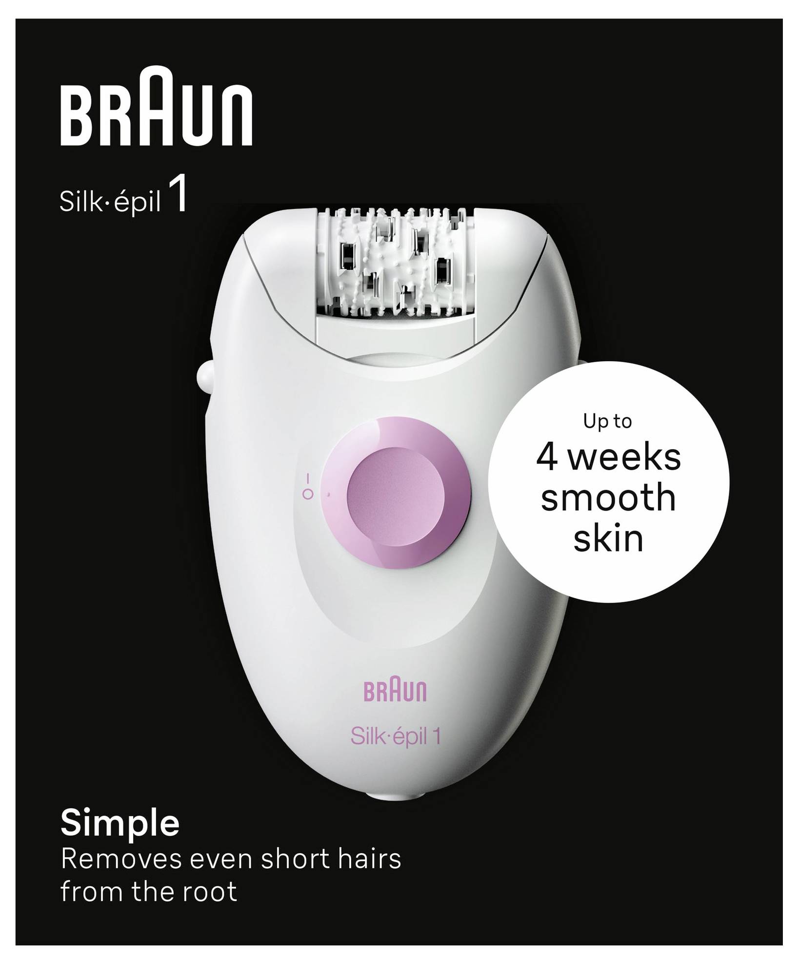 Braun Silk-épil 1 epilator met roze schijf, gelabeld 'Tot 4 weken gladde huid' en 'Eenvoudig verwijdert zelfs korte haartjes uit de wortel'.