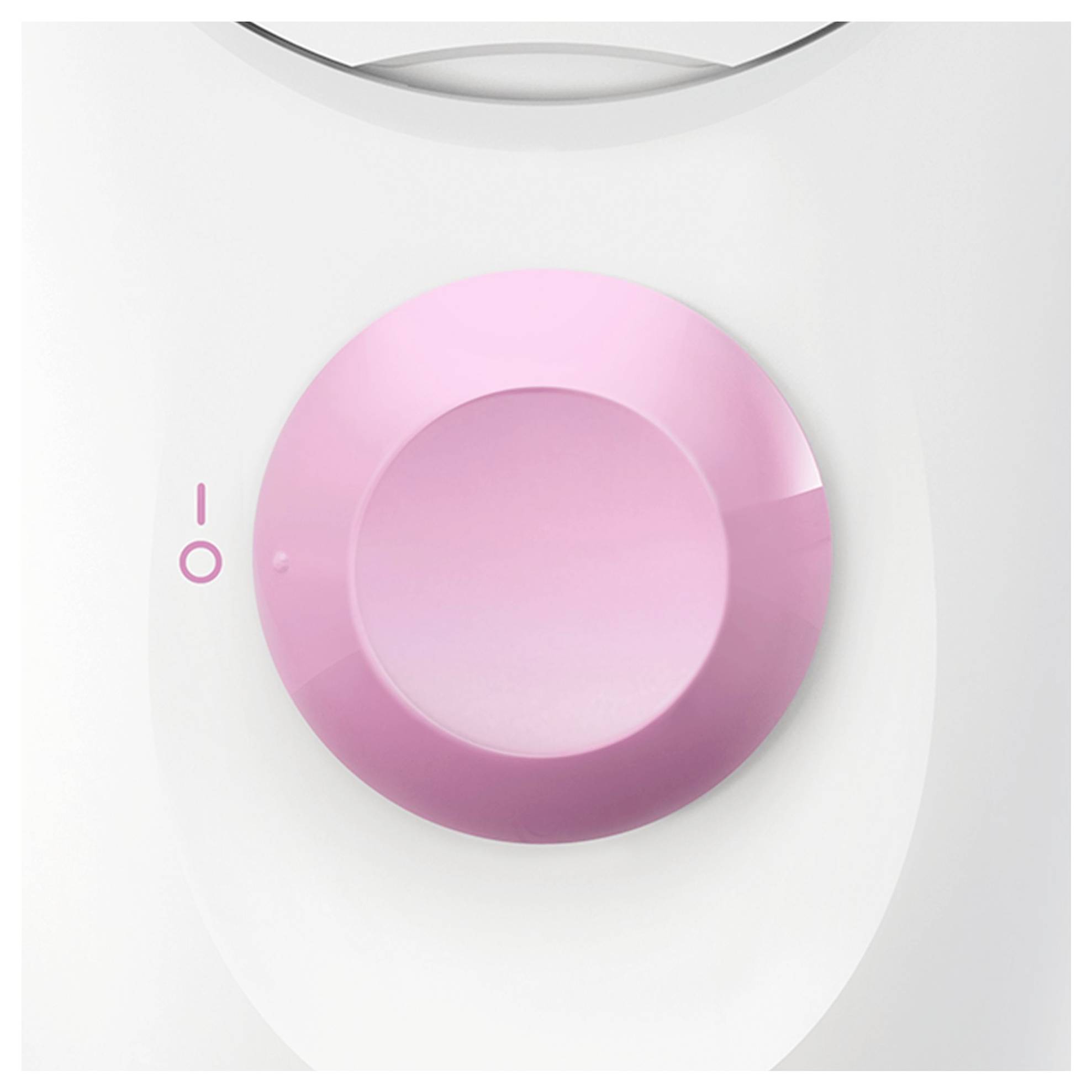 Wit bedieningspaneel voor apparaten met een grote roze ronde knop en een eenvoudige aan/uit-indicator aan de linkerkant.