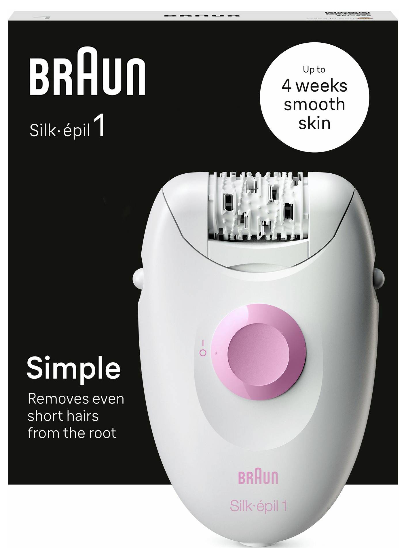 Braun Silk-épil 1 elektrische ontharer op zwarte verpakking, gelabeld met 'Tot 4 weken gladde huid' en 'Verwijdert eenvoudig zelfs korte haartjes van de wortel'.