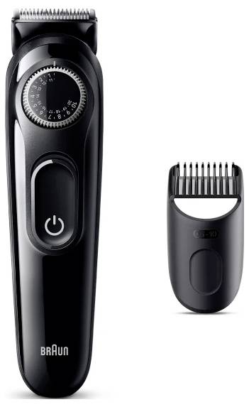 Black Braun elektrisch baardtrimmer met verstelbare schijf en aan-uitschakelaar, weergegeven met een kleinere losse trimkop.