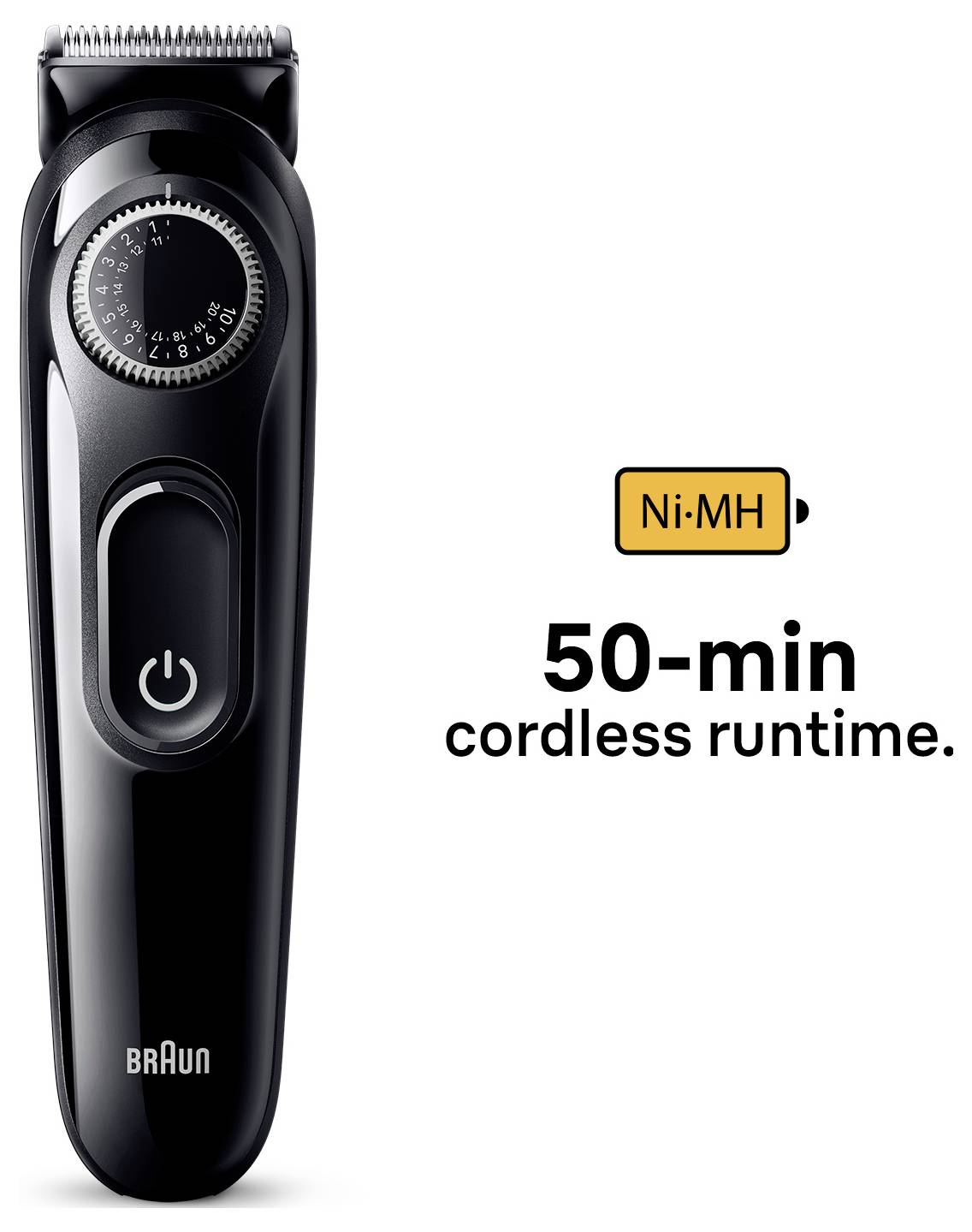 Zwart Braun haartrimmer met draaiknop en aan-uitknop, gelabeld 'Ni-MH' en '50 minuten draadloos bedrijf'.
