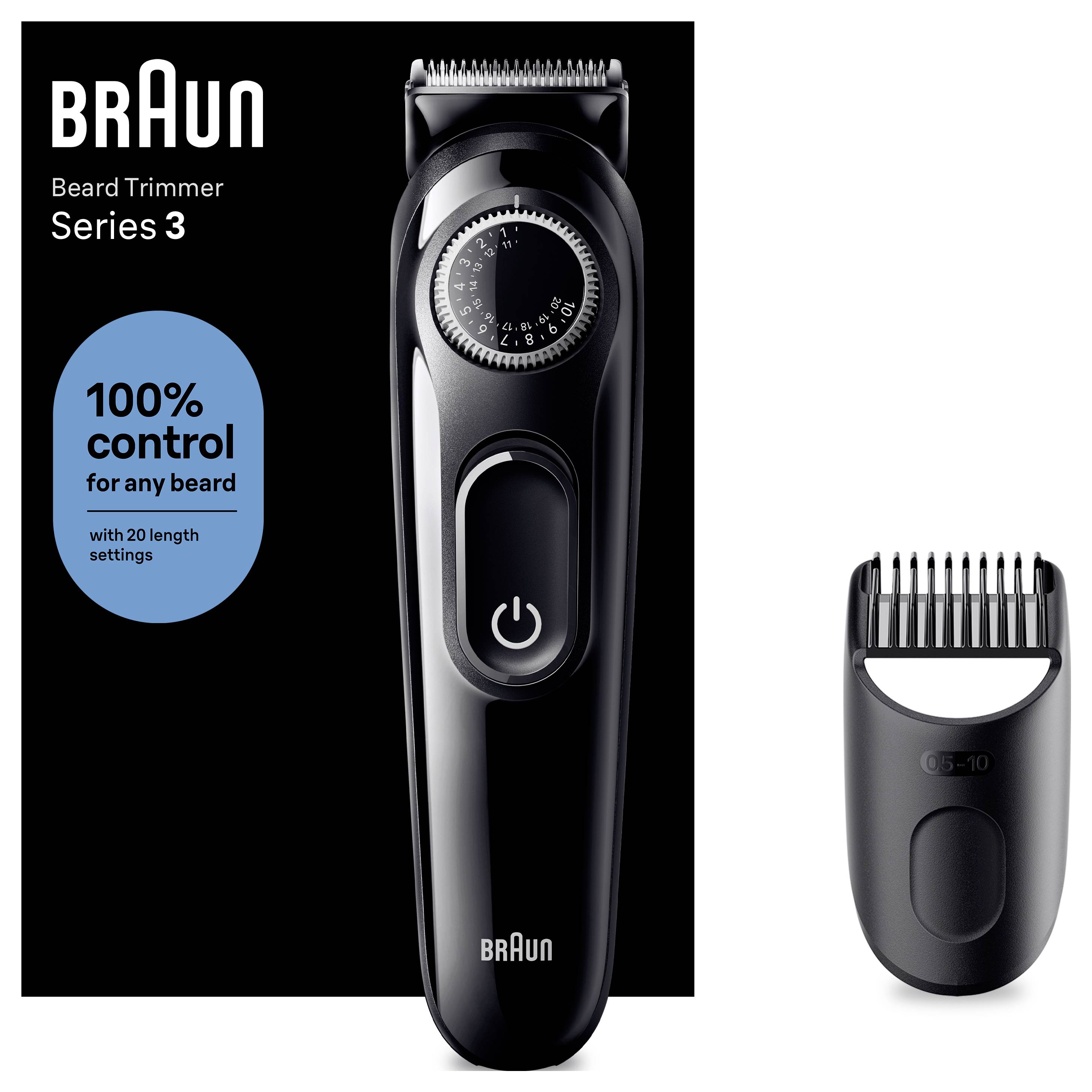 Braun Baardtrimmer Serie 3 met 100% controle voor elke baard en 20 lengte-instellingen, weergegeven met trimmer en opzetkop.