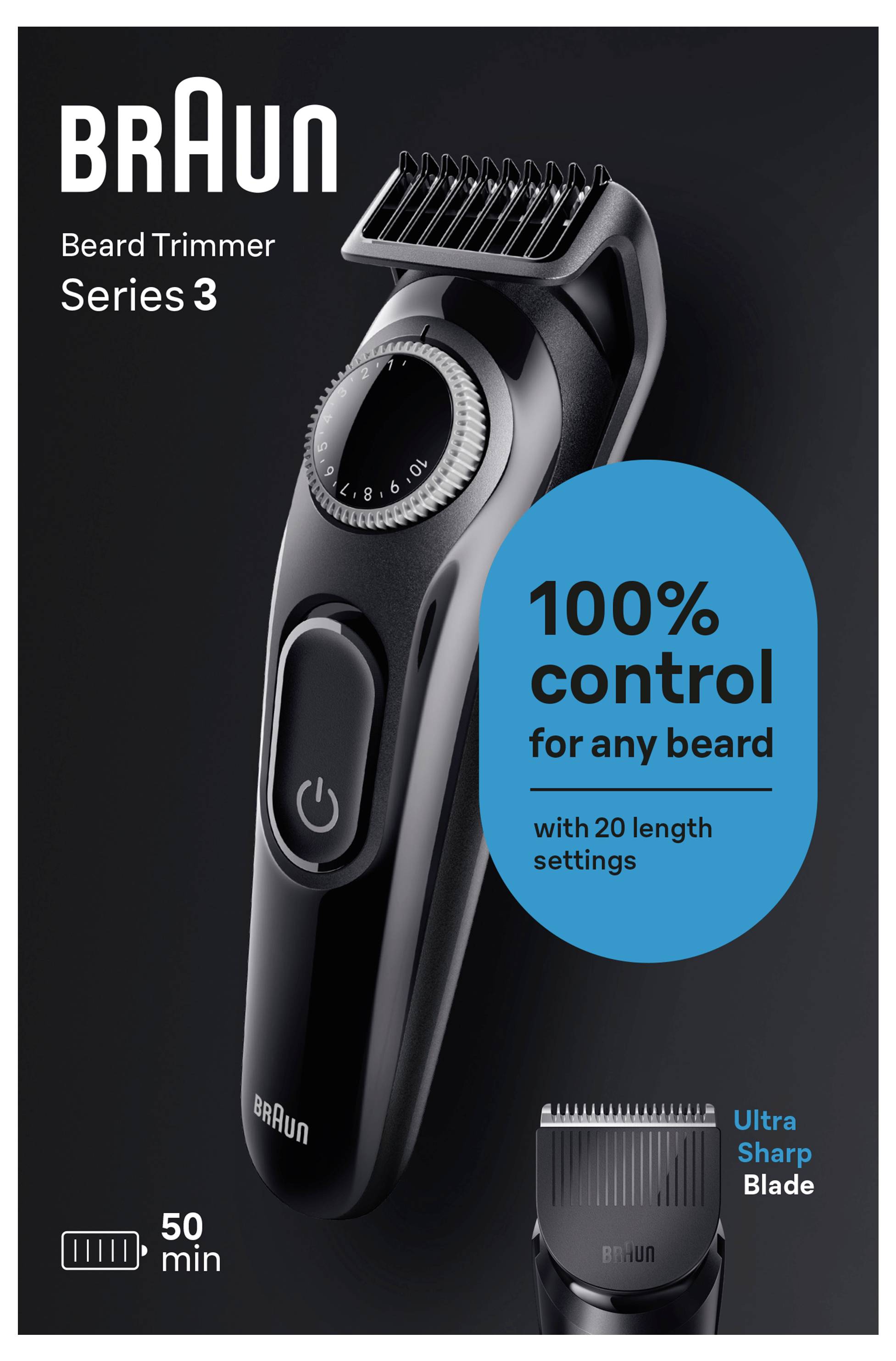 Braun Baardtrimmer Series 3 met 100% controle voor elke baard, 20 lengte-instellingen, Ultra Scherp Mes, en 50 minuten batterijduur.