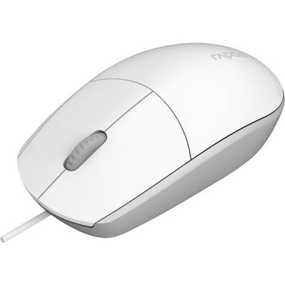 Witte bedrade computermuis met scrollwiel op een effen achtergrond, schuin aanzicht.