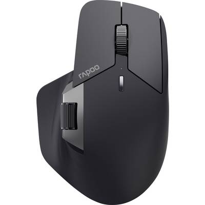 Zwarte Rapoo draadloze computermuis met scrollwiel en zijknoppen op een witte achtergrond.