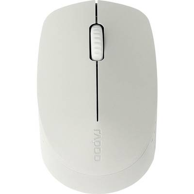 Witte Rapoo draadloze muis van bovenaf gezien, met scrollwiel in het midden en logo onderaan.
