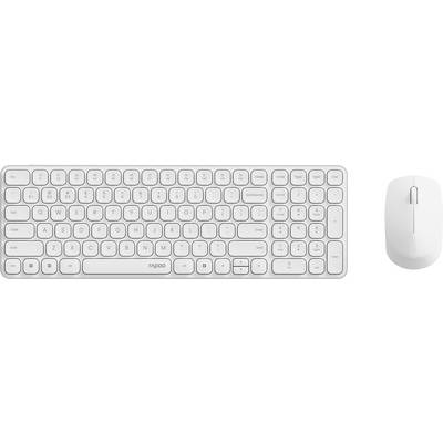 Witte draadloze toetsenboard- en muisset, met compact toetsenboard en muis naast elkaar getoond op een lichte achtergrond.
